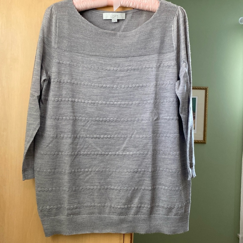 Loft taupe colored sweater with 3/4 sleeves. Detailed stitching throughout.